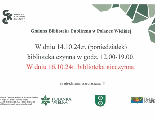 W poniedziałek 14.10.24r. biblioteka czynna w godz. od 12.00-19.00, w środę biblioteka 16.10.24r. nieczynna