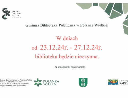 W dniach od 23.12.24r. do 27.12.24r. biblioteka będzie zamknięta!!!