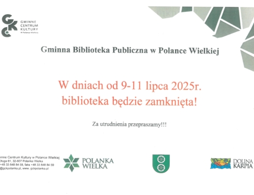 W dniach 9-11 lipca biblioteka będzie zamknięta! Za utrudnienia przepraszamy!!!