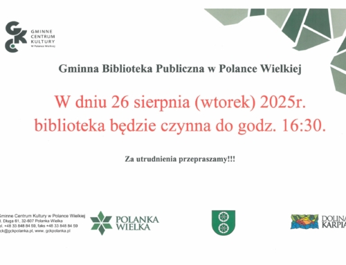 W dniu 26 sierpnia 2025r. biblioteka będzie czynna do godz. 16:30. Za utrudnienia przepraszamy.