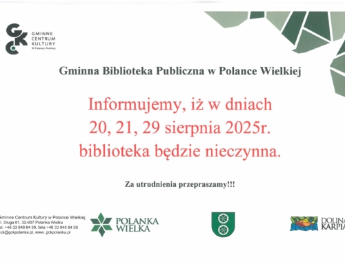 W dniach 20, 21, 29 sierpnia 2025r. biblioteka będzie nieczynna. Za utrudnienia przepraszamy!