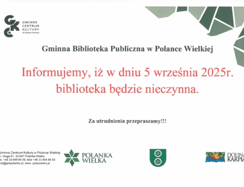 W dniach 5.09 oraz 9-12.09 2025r. biblioteka będzie zamknięta. Za utrudnienia przepraszamy!