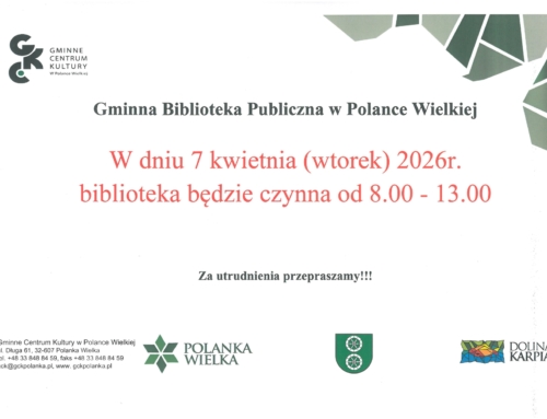 UWAGA!!! W dniu 7 kwietnia 2026 r. zmiana godzin otwarcia biblioteki.