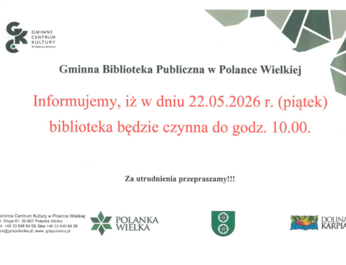 W piątek 22.05.2026 r. biblioteka będzie czynna do godz. 10.00. Za utrudnienia przepraszamy!