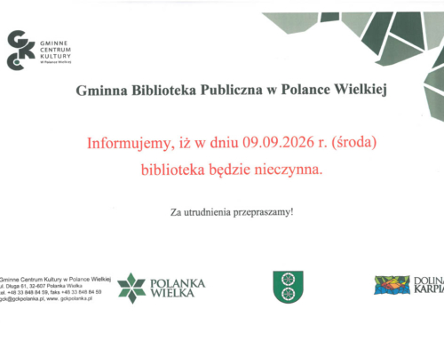 W dniu 9.09.2026 r. biblioteka będzie nieczynna. Za utrudnienia przepraszamy!